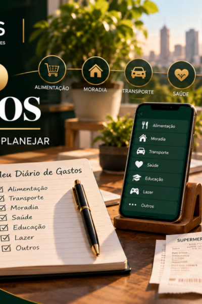Diário de gastos representado por caderno, celular, planilha e recibos, mostrando o processo de registrar, analisar e planejar as despesas pessoais.