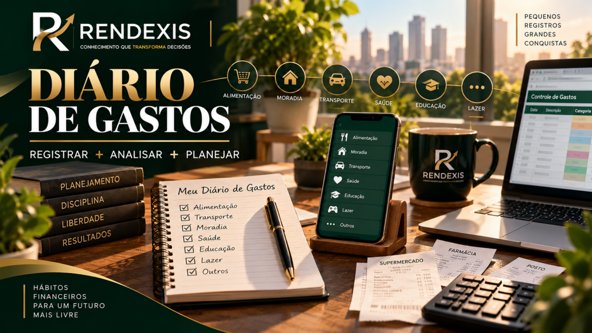 COMO FAZER UM DIÁRIO DE GASTOS E POR QUE ISSO FUNCIONA 1 Diário de gastos representado por caderno, celular, planilha e recibos, mostrando o processo de registrar, analisar e planejar as despesas pessoais.