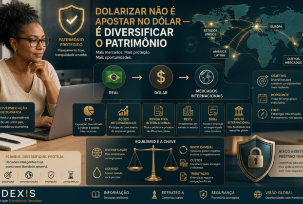 Investidor analisando a diversificação internacional do patrimônio entre real, dólar e diferentes mercados globais.