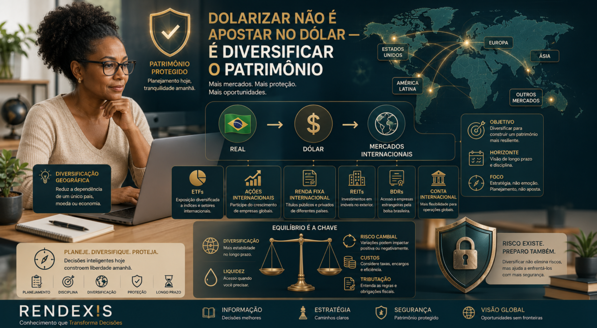DOLARIZANDO E DIVERSIFICANDO MEU PATRIMÔNIO 1 Investidor analisando a diversificação internacional do patrimônio entre real, dólar e diferentes mercados globais.