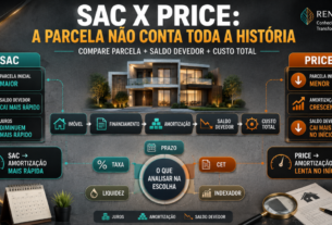 Infográfico comparando os sistemas SAC e Price no financiamento imobiliário, mostrando diferenças na amortização, evolução do saldo devedor, parcelas, prazo, CET e custo total.
