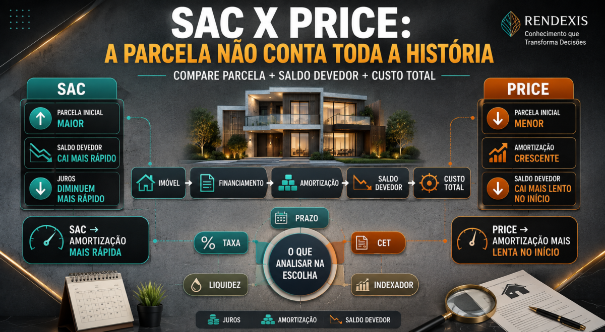Infográfico comparando os sistemas SAC e Price no financiamento imobiliário, mostrando diferenças na amortização, evolução do saldo devedor, parcelas, prazo, CET e custo total.