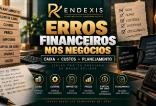 Erros financeiros mais comuns de quem está começando um negócio, com representação de fluxo de caixa, custos, dívidas, impostos, capital de giro e planejamento financeiro.