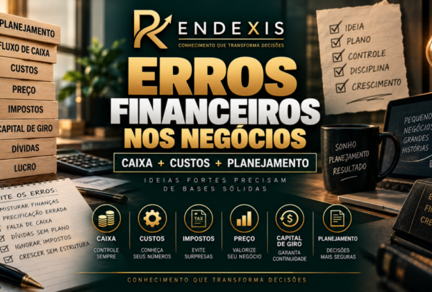 Erros financeiros mais comuns de quem está começando um negócio, com representação de fluxo de caixa, custos, dívidas, impostos, capital de giro e planejamento financeiro.