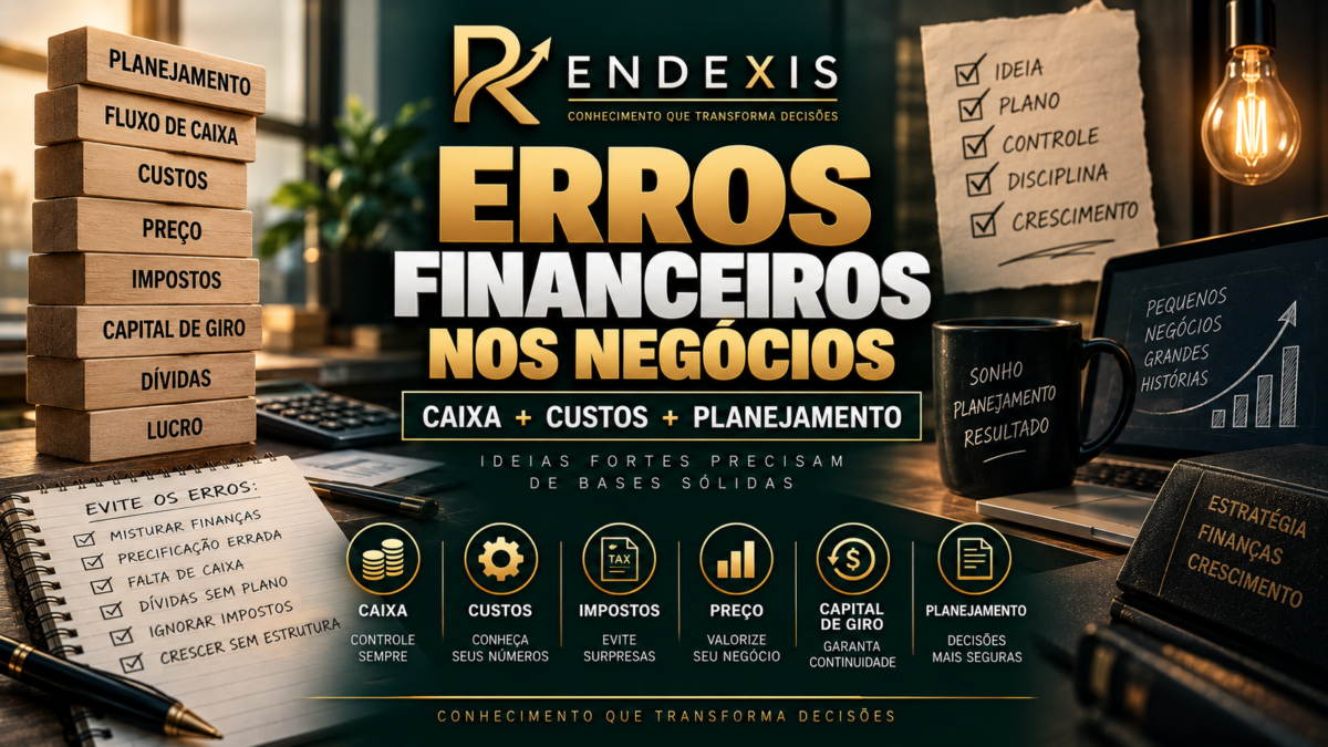 Erros financeiros mais comuns de quem está começando um negócio, com representação de fluxo de caixa, custos, dívidas, impostos, capital de giro e planejamento financeiro.