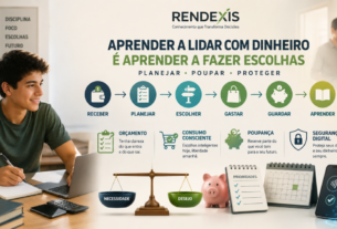 Adolescente aprendendo educação financeira com foco em orçamento, consumo consciente, poupança, planejamento e segurança digital.