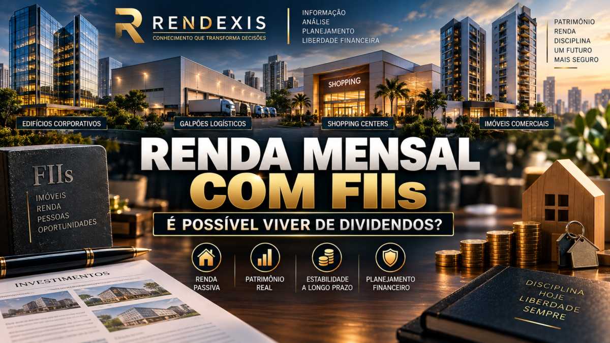 Renda mensal com Fundos de Investimento Imobiliário representada por edifícios, galpões, patrimônio, dividendos e planejamento financeiro para independência financeira.