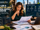 Investidora analisando balanço patrimonial e indicadores financeiros de uma empresa antes de investir.
