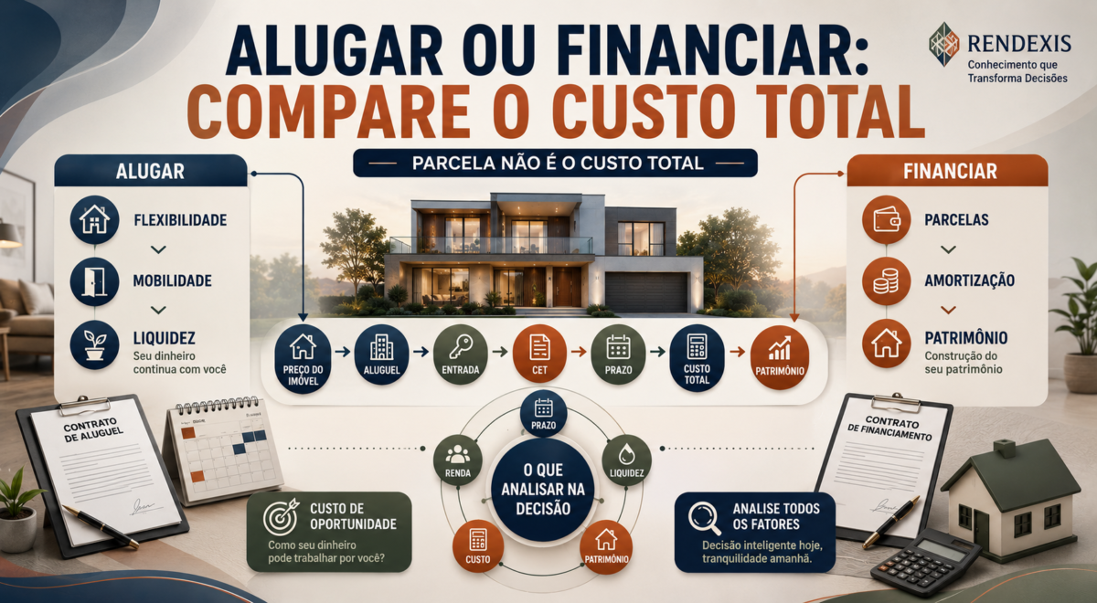 Comparação entre alugar ou financiar um imóvel, mostrando de forma conceitual os impactos de prazo, custo, patrimônio, liquidez e planejamento financeiro na decisão.