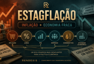 Estagflação representada pela combinação de inflação elevada, juros e economia fraca, com elementos de atividade econômica, emprego e commodities