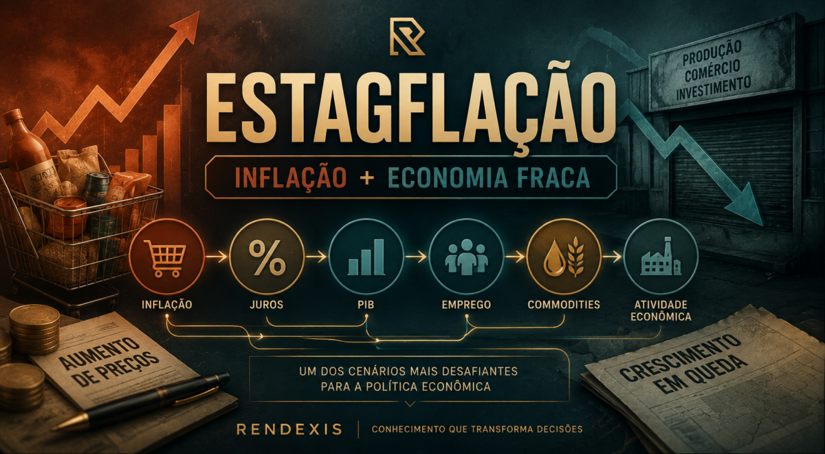 Estagflação representada pela combinação de inflação elevada, juros e economia fraca, com elementos de atividade econômica, emprego e commodities