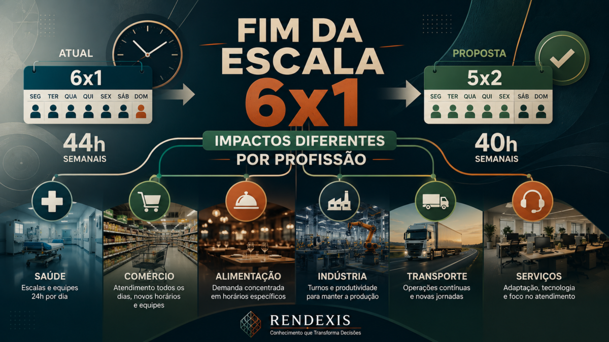 Fim da escala 6x1 e impactos diferentes por profissão nos setores de saúde, comércio, alimentação, indústria e serviços.