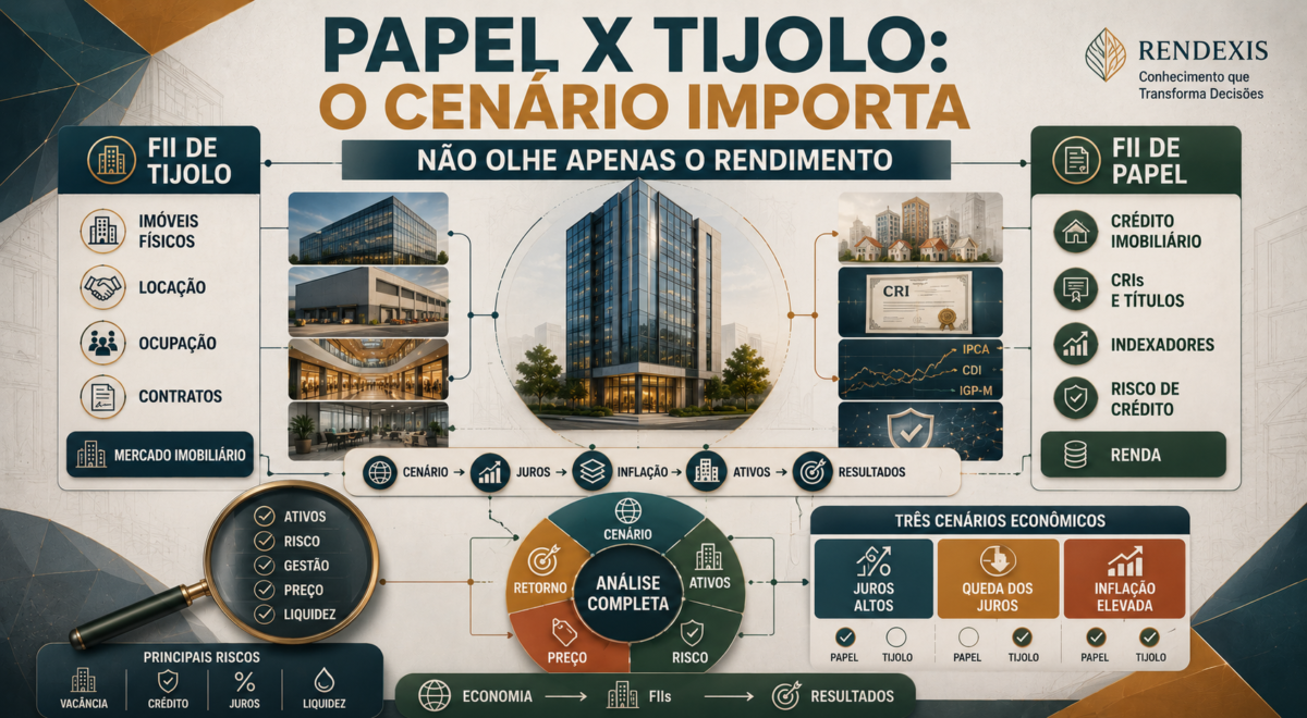 Comparação entre FIIs de papel e FIIs de tijolo, mostrando como juros, inflação, crédito, imóveis, ocupação, risco e cenário econômico influenciam os resultados dos fundos imobiliários.
