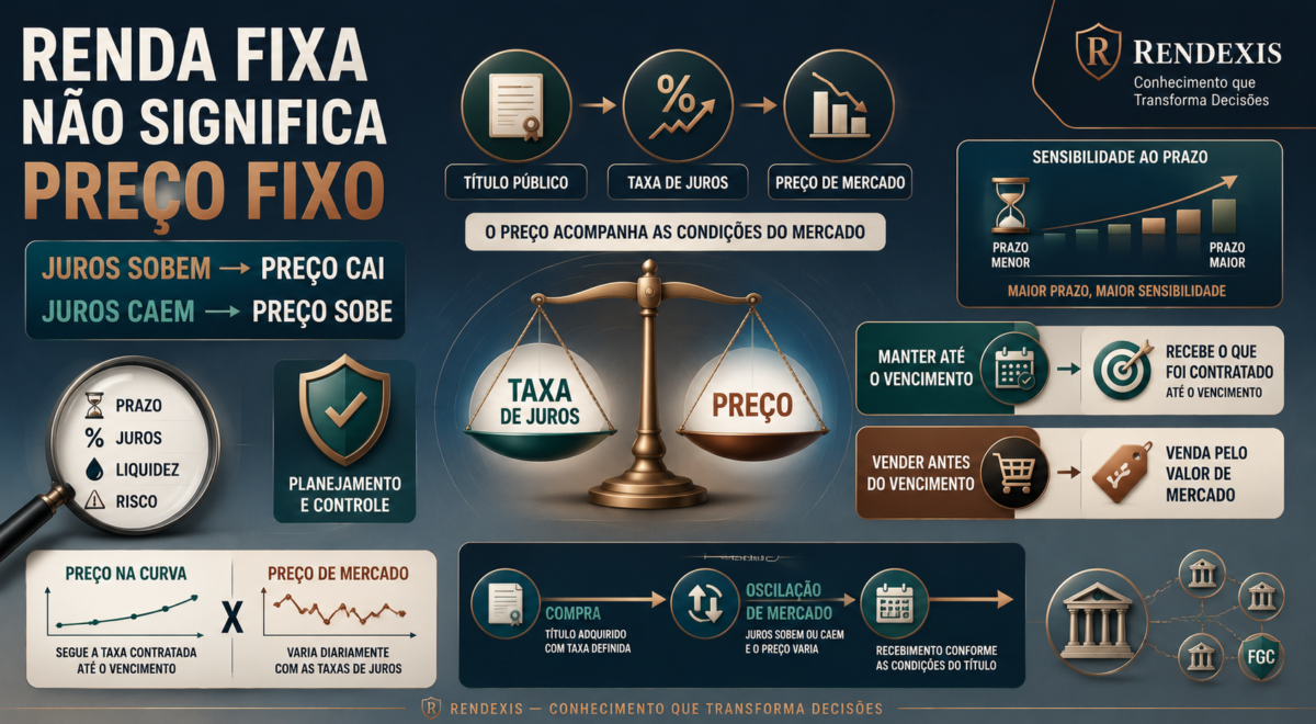 Marcação a mercado: representação conceitual da relação entre juros e preço dos títulos públicos, mostrando por que os valores variam antes do vencimento.
