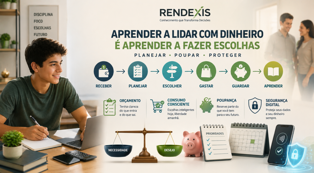 Adolescente aprendendo educação financeira com foco em orçamento, consumo consciente, poupança, planejamento e segurança digital.