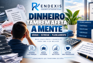 Imagem editorial sobre a relação entre problemas financeiros e saúde mental, representando dívidas, contas, estresse, planejamento financeiro e bem-estar