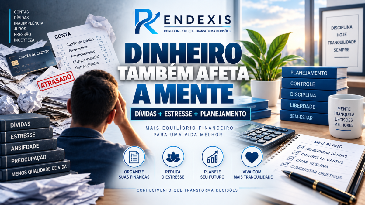 Imagem editorial sobre a relação entre problemas financeiros e saúde mental, representando dívidas, contas, estresse, planejamento financeiro e bem-estar