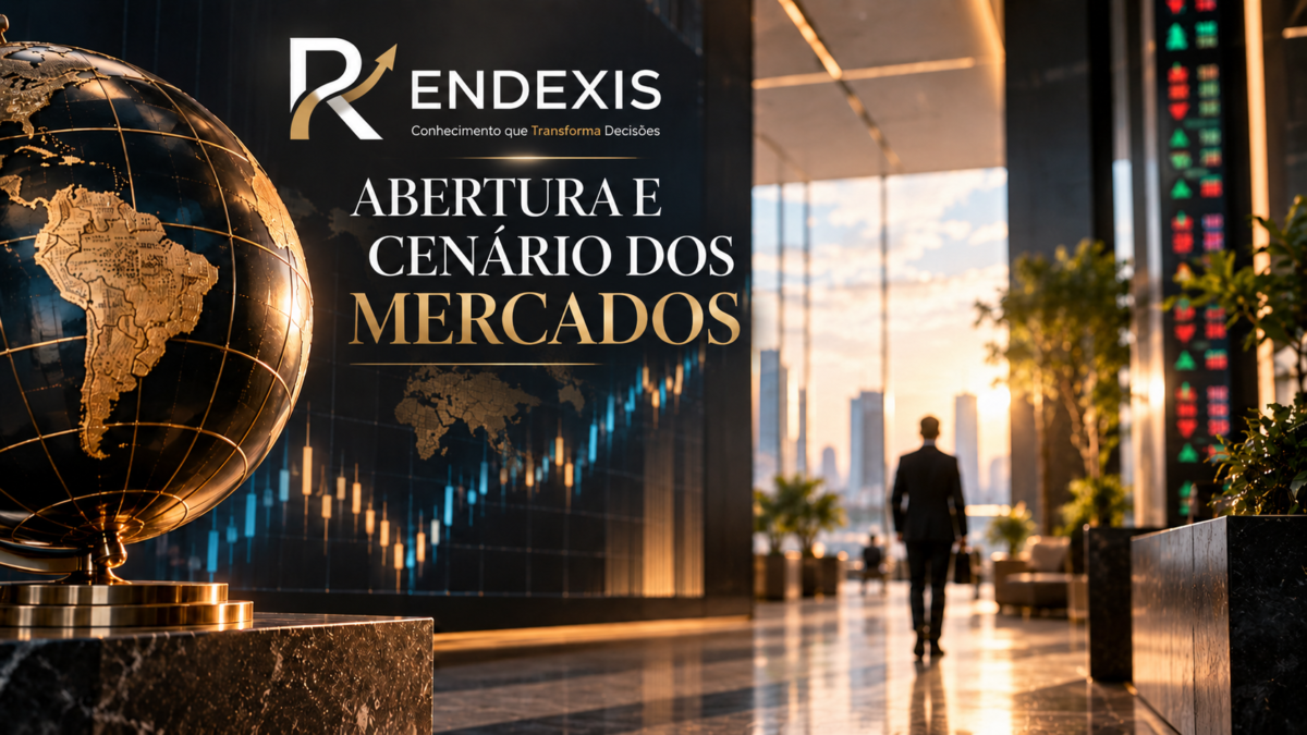 Abertura e Cenário dos Mercados RENDEXIS com gráficos financeiros, bolsas globais e indicadores do mercado.