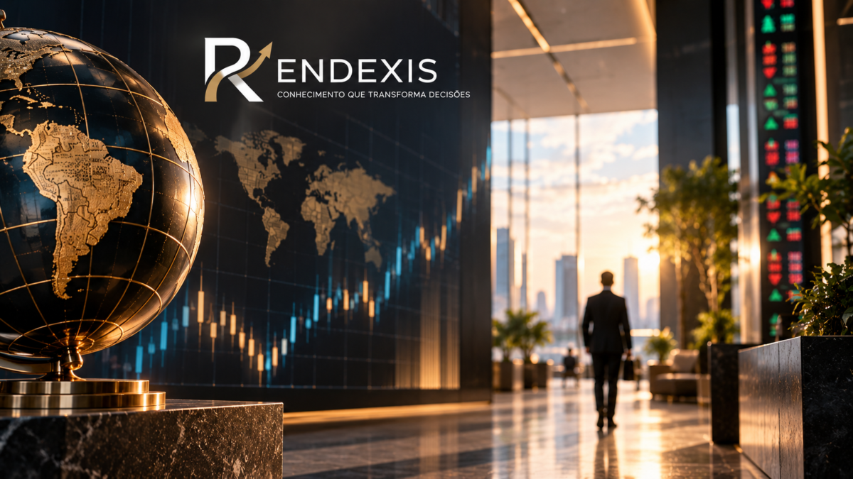 Abertura e Cenário dos Mercados RENDEXIS com bolsas globais, gráfico financeiro e panorama dos mercados.